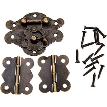 Imagem de Fecho de fivela retrô antigo, fecho de olhal, 1 peça de joia de bronze caixa de madeira capa protetora fivela de ferrolho + 2 peças dobradiça de armário encaixe para móveis trava de ferro retrô