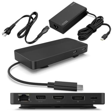 Imagem de Lenovo Dock de viagem de monitor duplo USB-C com adaptador de energia de 100 W - 7 portas, cabo USB C integrado, compatibilidade universal, display duplo @4K - preto