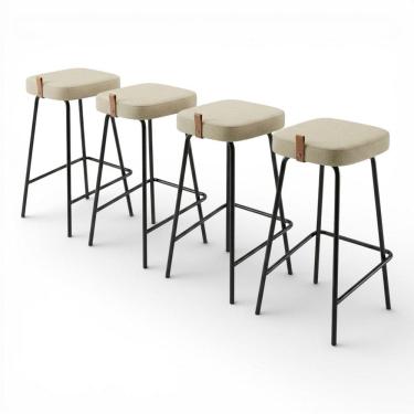 Imagem de Kit 04 Banquetas Altas Cozinha e Área Gourmet Vik Estofada Linho Bege - Desk Design