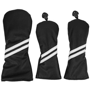 Imagem de Conjunto de capa de cabeça de madeira de golfe listras Cue Headcovers Capas de cabeça de taco de golfe para motorista Fairway Woods Material PU à prova d'água com pelúcia grossa (Preta)