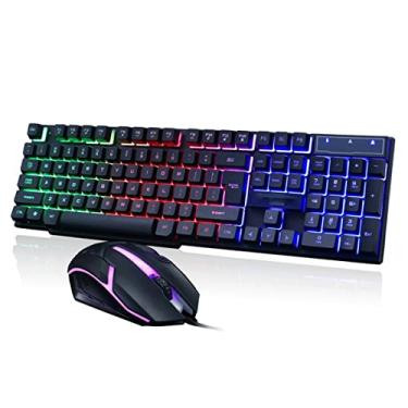 Imagem de Teclado Feiyx USB com fio, teclado silencioso e durável, arco-íris retroiluminado, conjunto de teclado e mouse para jogos com descanso de pulso ergonômico para laptop, escritório, estudo on-line (cor