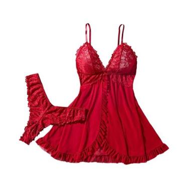 Imagem de Conjunto De Lingerie Vermelha Para Mulheres, Camisola Transparente Com