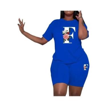 Imagem de Conjunto De Moletom Feminino Azul Com Estampa A-Z, Casual, 2 Peças, Mo