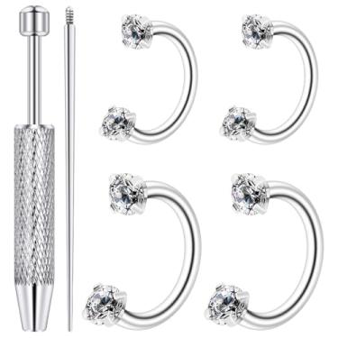 Imagem de Dyknasz Anel de nariz em ferradura 18G com rosca interna argolas de aço cirúrgico meia zircônia cúbica dupla narina lábio sobrancelha hélice daith orelha piercing joia para mulheres, Metal, Zircônia