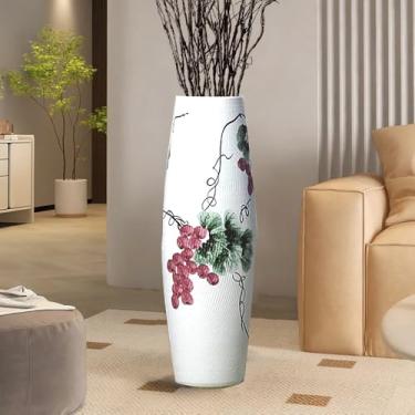 Imagem de POPGRAT Vaso alto branco para chão de 81 cm, vasos rústicos de cerâmica grossa grandes para decoração de casa, sala de estar, pintura de uva geen, vasos decorativos de boca larga, vaso de canto para