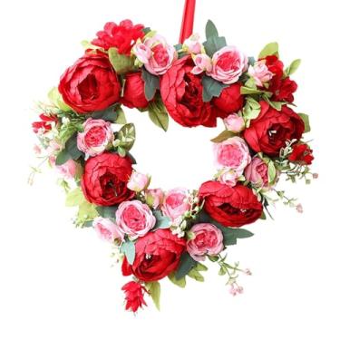 Imagem de Esquirla Guirlanda de flores artificiais em formato de coração para o Dia dos Namorados, decoração rústica e romântica para porta de entrada, ideal para