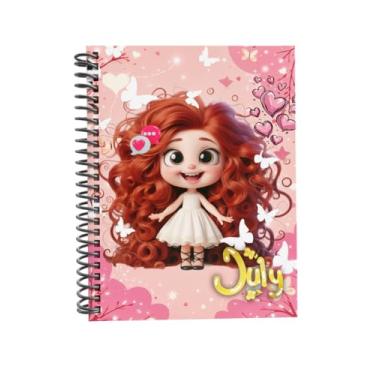 Imagem de Caderno Universitário Capa Dura July Decorado, Espiral, com Bolsa Interna, Cartela de Adesivos e Divisórias, Design de Personagem com Borboletas e Corações (CAPA 1, 10 MATÉRIAS (200 FLS))