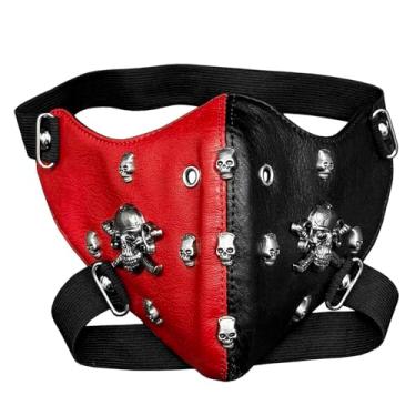 Imagem de Máscara de caveira com rebite de cruz, motociclista, esportiva, meia face, máscara de couro vermelha e preta