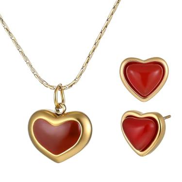 Imagem de Josojoou Colar de coração vermelho delicado com pingente de coração para mulheres e meninas, colar de cristal de cornalina vermelha banhado a ouro 14k, joia de coração de amor de ouro para presentes