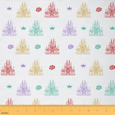 Imagem de Tecido Castelo de Princesa para Decoração por Quintal, Castelo Colorido Graffiti Conto de Fadas Tecido Exterior para Projetos DIY, Rosas Romanáticas Coroa Estrelada Tecidos Florais para Estofamento, 1