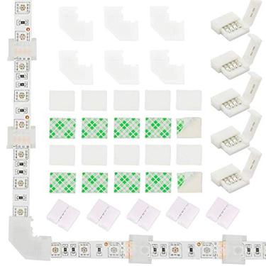 Imagem de Kit de conectores de LED, conectores de fita de luz LED RGB de 10 mm, 4 pinos 5050, inclui 6 conectores em forma de L, 10 conectores de tira de luz sem solda, 20 clipes de montagem de fita de luz tipo