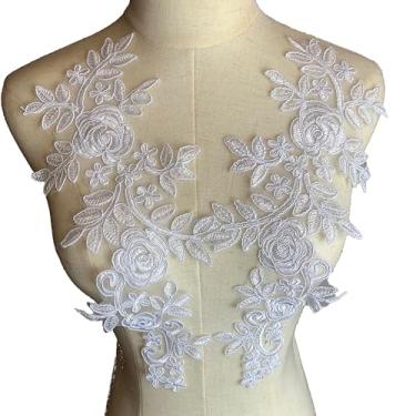 Imagem de Heyiwell 1 par de apliques de renda 3D floral costurados em bordado para vestidos de casamento, acessórios de costura, decoração de renda faça você mesmo, 34 x 14 cm, branco