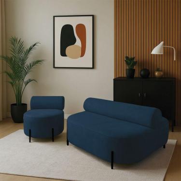 Imagem de Sofá Sala Ilha Orgânico E 1 Poltrona 125cm éden Pé Aço Preto Bouclê Azul E03 - D'rossi