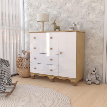 Imagem de Cômoda Infantil Sueño 1 Porta 4 Gavetas 100% Mdf Branco Brilho/Amêndoa - Panorama Móveis