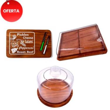 Imagem de OFERTA KIT 3pçs Porta Frios 21X16,5CM, Boleira de Madeira RUSTICO tamp
