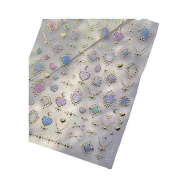 Imagem de Adesivo De Unha 5D Colorido Boêmio Com Coração, Lua, Pérola E Strass, 