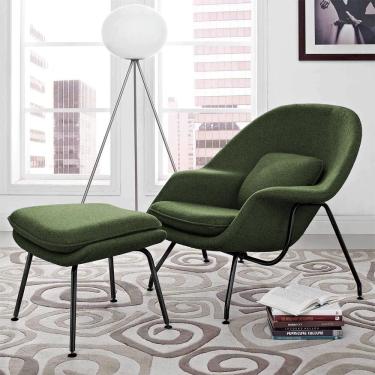 Imagem de Poltrona Womb Chair com Puff Base Preta Linho Verde