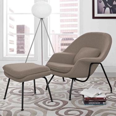 Imagem de Poltrona Womb Chair com Puff Base Preta Linho Bege