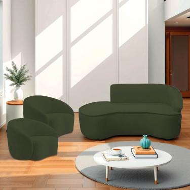Imagem de Kit Divã Recamier Orgânico Marrocos 200cm Lado Esquerdo E 2 Poltronas Amore Linho Verde