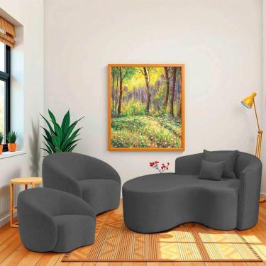 Imagem de Kit Recamier Curvo Sala De Estar 150cm Lado Esquerdo E 2 Poltronas Orgânica Amore Linho Cinza Escuro