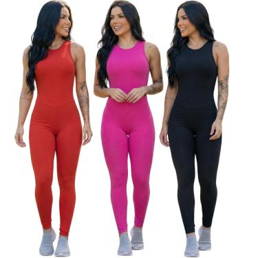 Imagem de KIT 3 Macacão Fitness Liso Serra e Mar Modas Sem Bojo Suplex Academia Treino Feminina Musculação-Feminino