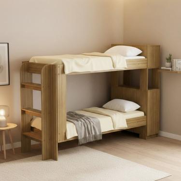 Imagem de Cama Beliche Adulto Junevil Baú Superior com Escadas Armário de 1 Porta Amendoa