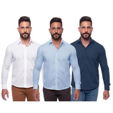 Imagem de Kit Camisa Social Masculina Manga Longa Slim 3 Peças - Teodoro, Azul, 
