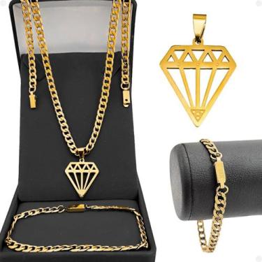 Imagem de Corrente pingente diamante pulseira corrente dourada aço inox cordão b