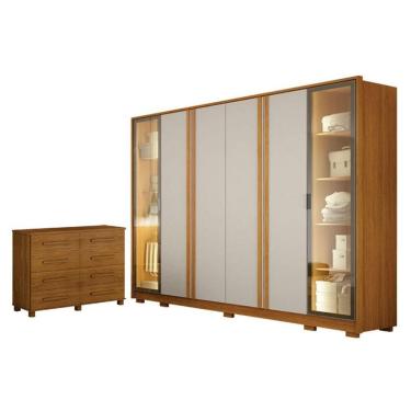 Imagem de Guarda Roupa Casal Prime 6 Portas Com Led Off White Com Cômoda San Marino 8 Gavetas Cin...
