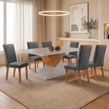 Imagem de Conjunto de Jantar Aster 6 Lugares Tampo MDF com Vidro Serigrafado Cadeiras Lira Linho Off White 180CM Moderna
