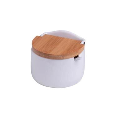 Imagem de Saleiro de Mesa em Cerâmica com Tampa de Bambu e Colher Bianco 9,5x9,5