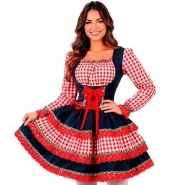 Imagem de Vestido Festa Junina Adulto Feminino Xadrez Manga Longa de Luxo Ajustá