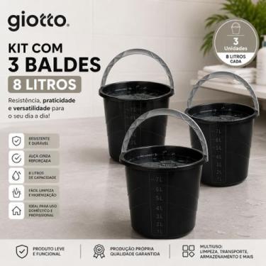 Imagem de Kit 3 Balde 8L Preto com Alça Cinza Medidor Multiuso Cozinha Lavanderi