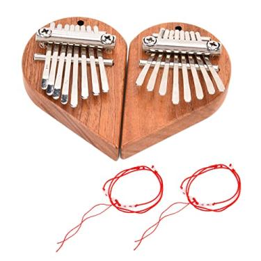 Imagem de 2 peças, pingente de madeira Kalimba com 8 teclas, formato de coração e 2 cordões vermelhos para crianças e adultos (um conjunto de formato de coração (esquerda + direita))