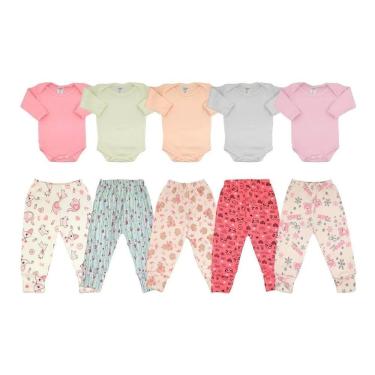Imagem de Kit Enxoval 10Pçs Roupa Bebê Body Manga Longa e Mijão Menina