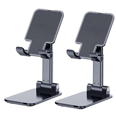 Imagem de Suporte de telefone para mesa, pacote com 2 suportes de celular MT-6 para escritório, universal, inteligente, dobrável e ajustável em altura, compatível com dispositivos com menos de 20 cm, preto