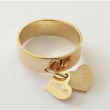 Imagem de Anel Feminino Pingentes Corações Gravado Personalizado Banho Ouro
