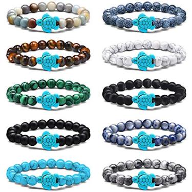 Imagem de Pulseira Hicarer com 10 peças de contas de tartarugas marinhas VSCO pedra natural elástica amizade pulseira para mulheres homens