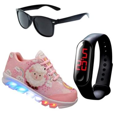 Imagem de Kit Tênis De Led Infantil Menina Feminino Ovelhinha + Relógio + Óculos, Tamanho 25