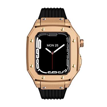 Imagem de TONECY Caixa de relógio de liga para iWatch Series SE Capa para Apple Watch 7 6 5 4 44/45mm Acessórios de relógio de aço inoxidável de borracha de metal de luxo (Cor: preto ouro rosa 1, Tamanho: 45mm)