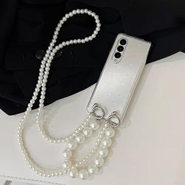 Imagem de Transversal Pérola Corrente Longa Com Pulseira Pendurada Capa de Celular Para Samsung Galaxy Z Fold 3 5G Laser Colorido Amor Coração Capa Dura, Corrente e Pulseira, Para Z Fold 2