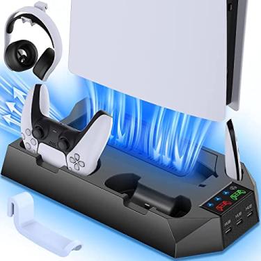 Imagem de Suporte PS5, estação de resfriamento, estação de carregamento de controlador duplo para disco de console PS5 e edições digitais. Com suporte para fone de ouvido, 3 hubs USB, slots de mídia (preto)