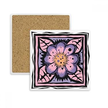 Imagem de Porta-copos quadrado com elemento de cultura do México com gravação de flor roxa suporte de subplaca pedra isolante
