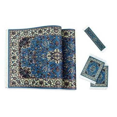 Imagem de Conjunto de tapete oriental individual barroco real, 5 peças, tapete turco persa em miniatura com franjas, 2 tapetes de mesa de tecido, 2 porta-copos decorativos, 1 marcador de livro, azul