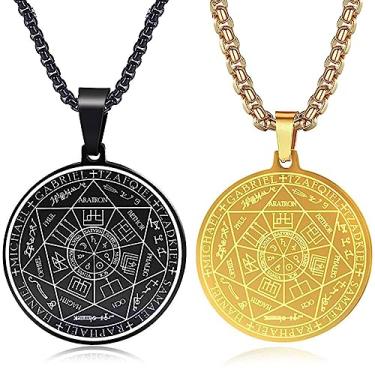 Imagem de FLYUN Colar com pingente de sete arcanjos para homens e mulheres proteção amuleto arcanjo Michael moeda colar com pingente Gabriel Uriel colar de medalha espiritual de aço inoxidável 61 cm, Metal