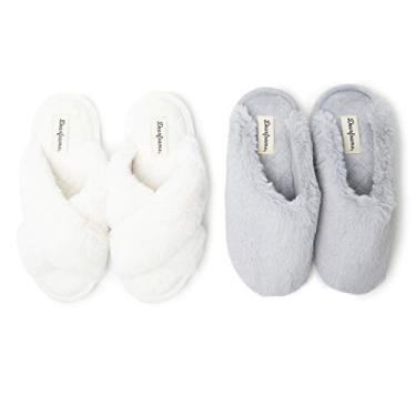 Imagem de Dearfoams Conjunto feminino com faixa transversal Jessica e chinelo Bailey Scuff, Cinza Multi, X-Large