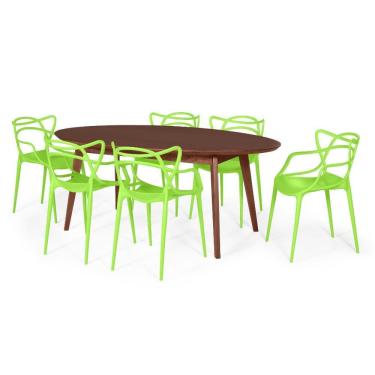 Imagem de Conjunto Mesa de Jantar Oval Vértice Nozes 190cm com 6 Cadeiras Allegra - Verde