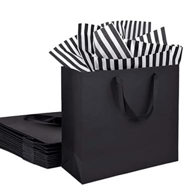 Imagem de Bobobag Pacote com 12 sacos de presente pretos de 32 cm com papel de seda para compras, negócios, festa de noiva, masculino, casamento, Natal e feriado (preto)