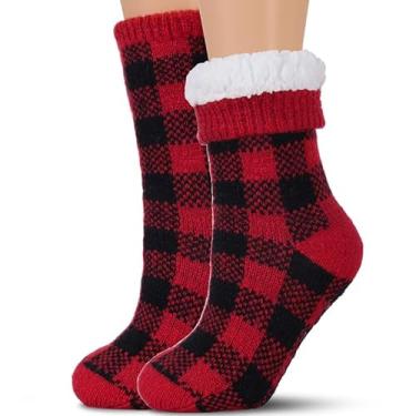 Imagem de Tough Land Meias femininas com aderência, antiderrapantes, forradas com sherpa, Xadrez, M