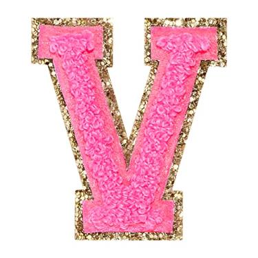 Imagem de 3 Pçs Chenille Letras Patches Ferro em Remendos Glitter Varsity Letras Remendo Bordado Borda Dourada Costurar em Patches para Vestuário Chapéu Camisa Bolsa (Rosa, V)